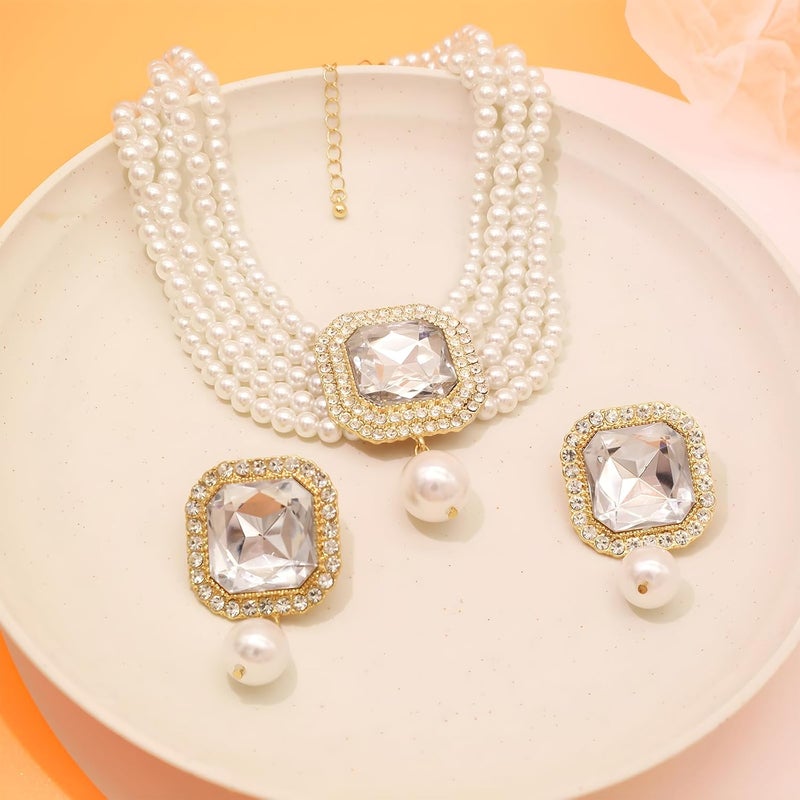 CIOOU Pearl Choker Necklace for Women Gold Crystal Rhinestone Pearl Collar Statement Necklaces Earrings Bridal Pearls Diamond jewelry Set for Wedding - Image 4